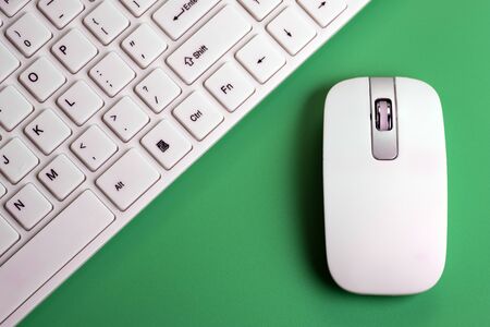 White keyboard and mouse for a computer on a green background. Wireless technology. The concept of informatization and digitalization of society. Details close up. Copy space.の写真素材