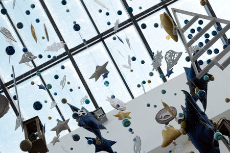 New Year decorations in a public place, supermarket, airport or shopping center. Christmas toys,...