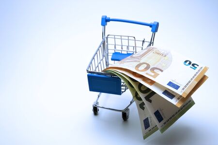 A souvenir trolley for a supermarket is filled with euro bills. European financial concept. Shopping with money. Online e-commerce. Copy space.の写真素材