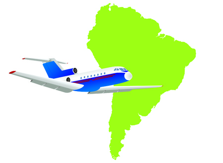 Jet plane flying up with south america mapのイラスト素材