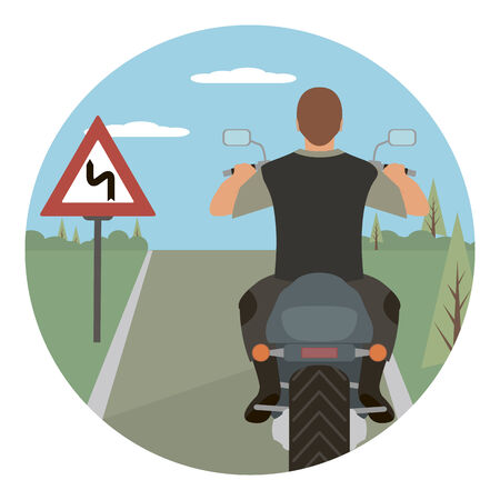 Tourist. Tourist rides a motorcycle on the forest roadのイラスト素材
