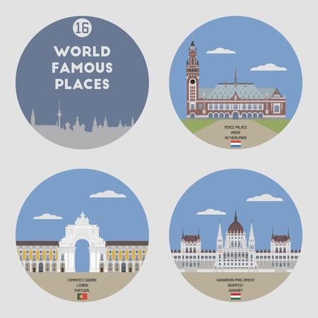 World famous places. Set 16: Lisbon, Budapest, Hagueのイラスト素材