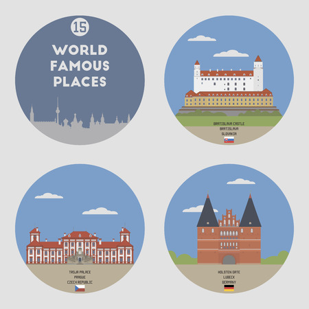 World famous places. Set 15: Prague, Bratislava, Lubeckのイラスト素材