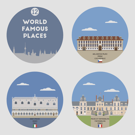 World famous places. Set 12: Venice, Fontainbleau and Pragueのイラスト素材