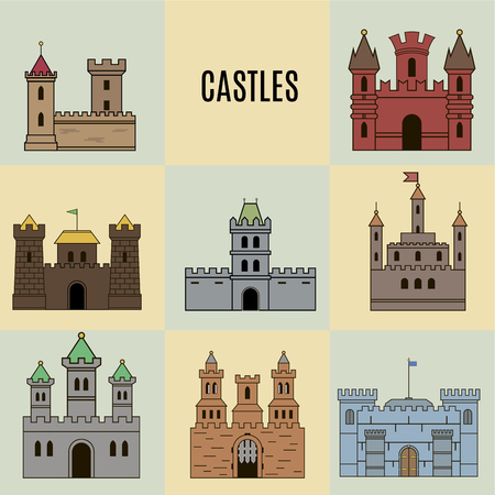 color castle icon set. Flat styleのイラスト素材