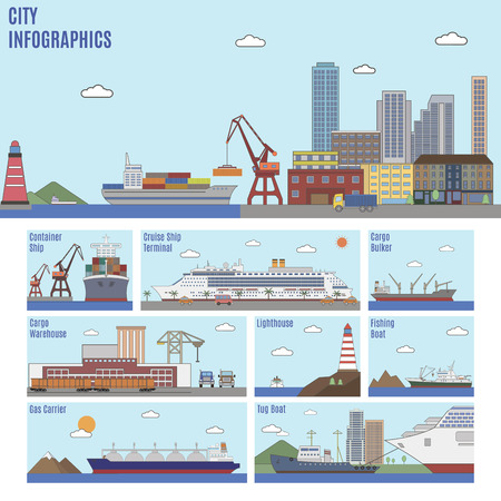 City infographics. Sea port and sea transport shipsのイラスト素材