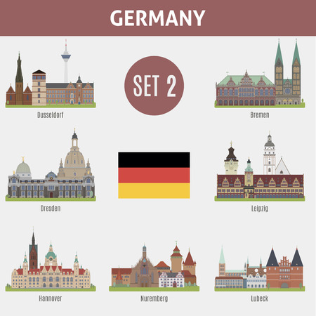 Famous Places cities in Germany. Dusseldorf, Bremen, Dresden, Leipzig, Hannover, Nuremberg and Lubeck. Set 2のイラスト素材