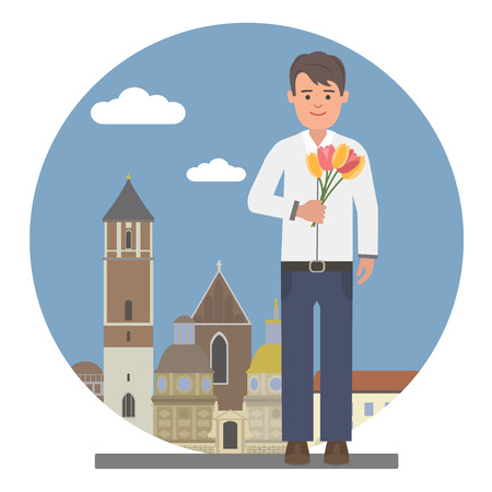 Young man with flowers on a romantic dateのイラスト素材