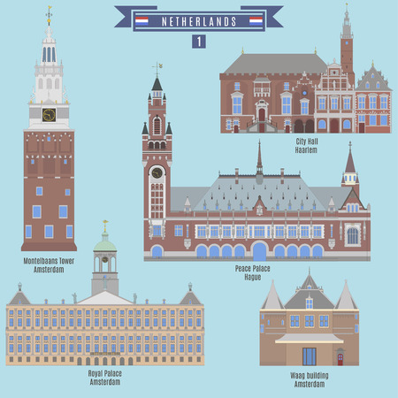 Famous Places in Netherlands: City Hall - Haarlem, Montelbaans Tower, Royal Palace and Waag building - Amstredam, Peace Palace - Hagueのイラスト素材