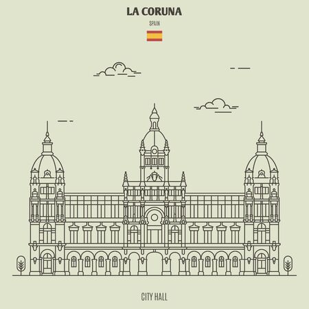 City Hall in La Coruna, Spain. Landmark icon in linear styleのイラスト素材