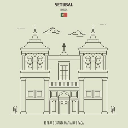 Igreja de Santa Maria da Graca in Setubal, Portugal. Landmark icon in linear styleのイラスト素材
