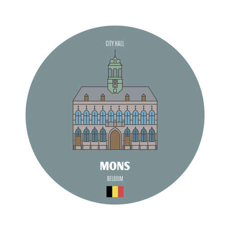 City Hall in Mons, Belgium. Architectural symbols of European cities. Colorful vectorのイラスト素材