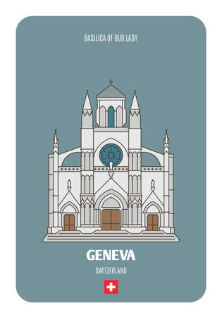 Basilica of Our Lady of Geneva, Switzerland. Architectural symbols of European cities. Colorful vectorのイラスト素材