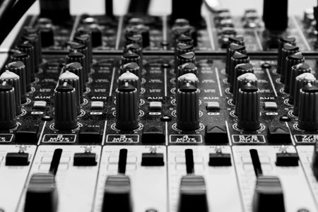 Soundboard in the studio moments before starting the rehearsal. Close view.の写真素材