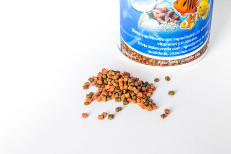 Vitoria ES Brazil - Apr 09 2023: Granulated feed for marine aquarium fish.のeditorial素材
