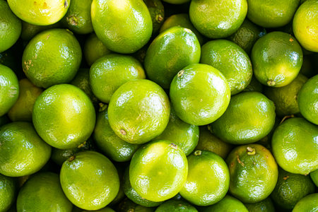 Several beautiful green lemons on a wooden fairground stand.