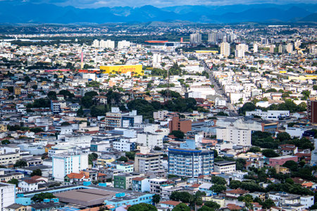 Vitoria ES Brazil - May 07 2023: City of Vila Velha seen from above, showing the Garoto chocolate factory and the Carlos Lindembergh highway.のeditorial素材