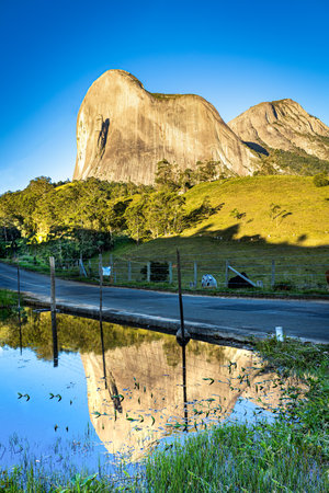 Pedra do Lagarto in Pedra Azul (Domingos Martins/ state of EspÃ­rito Santo - Brazil). Brazilian tourist spot. Blue stone reflection in a lake.の写真素材