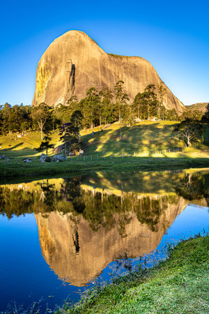Pedra do Lagarto in Pedra Azul (Domingos Martins/ state of EspÃ­rito Santo - Brazil). Brazilian tourist spot. Blue stone reflection in a lake.の写真素材