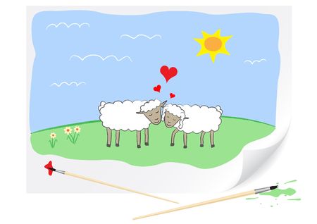 Two enamoured sheep are drawn on a paper by a brushのイラスト素材