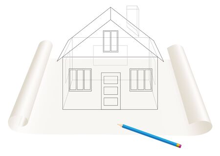 Abstract transparent house sketch drawing with pen on a paper rollのイラスト素材