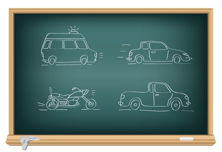 Drawing cars by a chalk on the classroom blackboardのイラスト素材