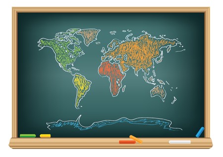 Drawing world map by a chalk on the classroom blackboardのイラスト素材