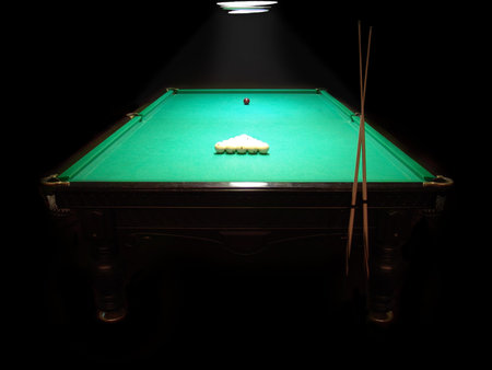 The russian billiard table with a cue and balls on a dark background