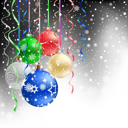 The multicolored christmas bauble and ribbons on the black mesh backgroundのイラスト素材