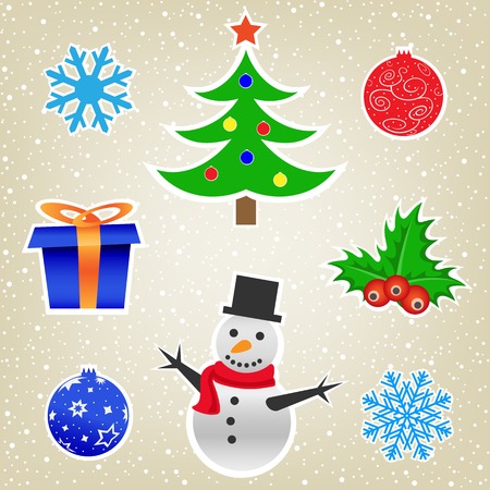 The Christmas and New Year cartoon collection on the light snow backgroundのイラスト素材
