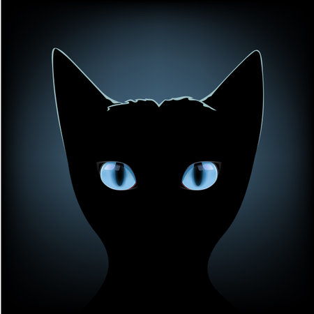 Silhouette of black cat with blue eyes on a dark backgroundのイラスト素材