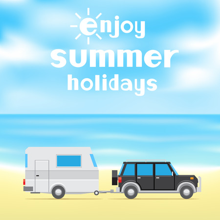 The text enjoy summer holidays on blue sky and sea background. Black car and white trailer on the beachのイラスト素材