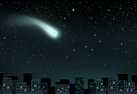 The large shining comet on stars background falling over the night cityのイラスト素材