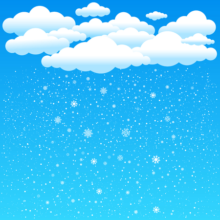 The simple cartoon clouds and snow falling on blue background. Winter time. Christmas and New Year eveのイラスト素材
