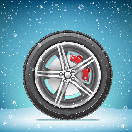 The winter inflated tire on blue snowy background. Wheel in the snowのイラスト素材