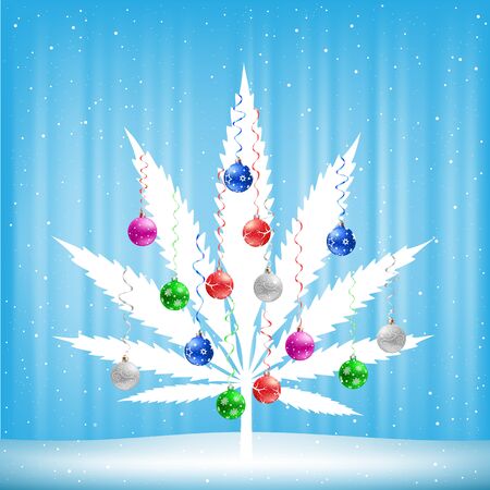 Growing cannabis hemp marijuana Christmas tree with colorfull balls on light white and blue snow backgroundのイラスト素材