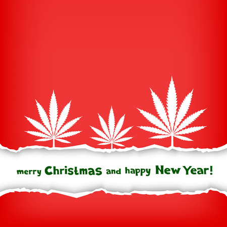 Christmas congratulation torn red paper and frame with the message of greetings on white background. Growing cannabis hemp marijuana white leafのイラスト素材