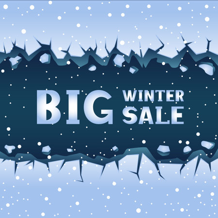 Big straight blue ice crack and falling snow. Text winter sale letteringのイラスト素材