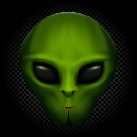 Green alien face with black eyes on transparent dark background. Invader head. UFO theme