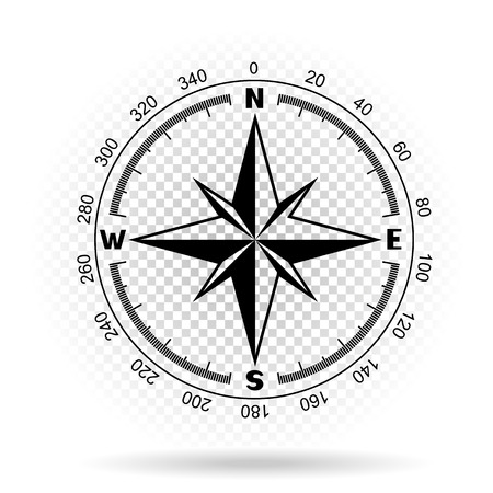 Black color stencil compass wind rose on white transparent background with shadow. The dial and the scale shows North South East West directions. Degrees scale with numbersのイラスト素材