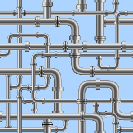 Chrome pipe seamless on blue background. Industry pump water gas oil gasoline diesel fuel supply system. Pipeline project plan. Easy to editのイラスト素材