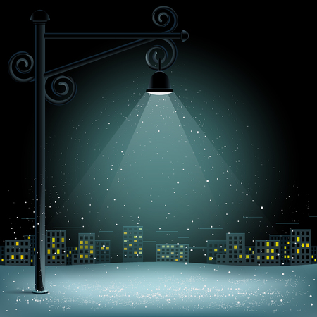 Christmas snow in lamp lights. Snowflakes falls on night city background. Big electric pillarのイラスト素材