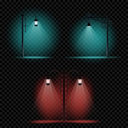 Pillar lamp light set on transparent background. Different electric pillars blue and red lightsのイラスト素材