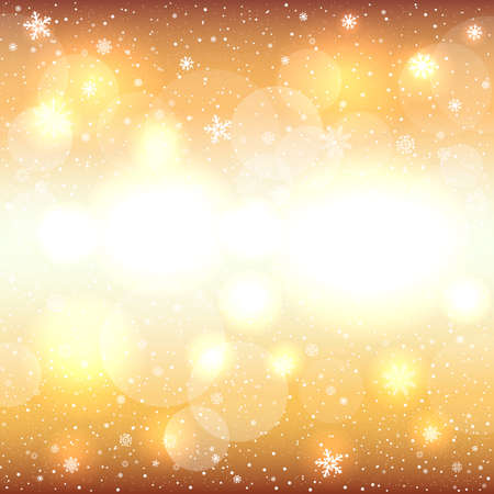 Glowing snow circle golden bokeh background. Falling snowflakes azure backdrop. Christmas decoration design templateのイラスト素材
