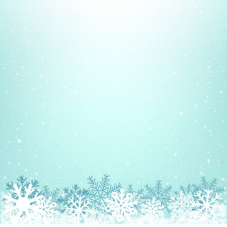 Christmas winter snowy background design template. Blue glowing sky cloud snow. Falling snowflakes azure backdropのイラスト素材