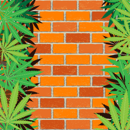 Hemp plant cannabis leaves and red brick wall background. Marijuana narcotic wallpaper. Green hashish smoker illustrationのイラスト素材