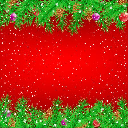 Red glowing light with shadow and green spruce snow background. Falling snowflakes fir tree parts toys pine cones holiday backdrop. Christmas winter decoration design templateのイラスト素材