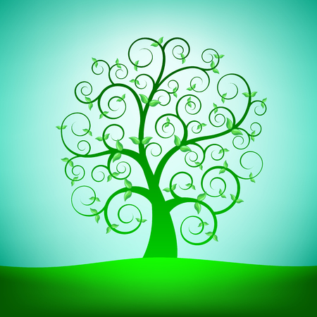 Spring tree grows on blue sky background. Small green leaves growth on plant branches. Ecology environment nature symbol icon.のイラスト素材