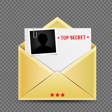 The secret open envelope letter template correspondence with stamp photo snapshot and shadow on transparent backgroundのイラスト素材