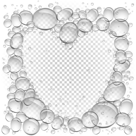 Water bubbles heart frame template on gray transparent background. Beautiful fresh aqua bubble love shape natural drops backdrop.のイラスト素材